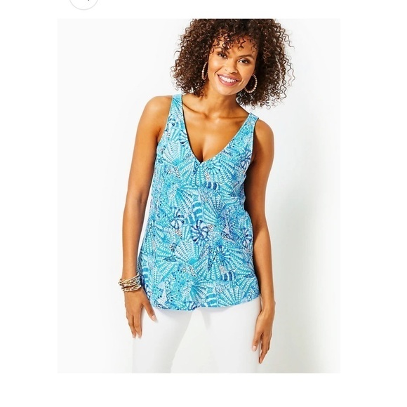 Lilly Pulitzer FLORIN SLEEVELESS LINEN TOP, AMALFI BLUE BY THE SEASHORE - Picture 1 of 16